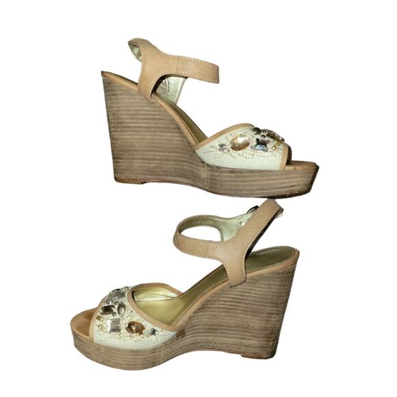 Coach Hanson Jeweled Bling Rhinestone Nude Brown Platform High Wedges Sandals 8 - Picture 1 of 13